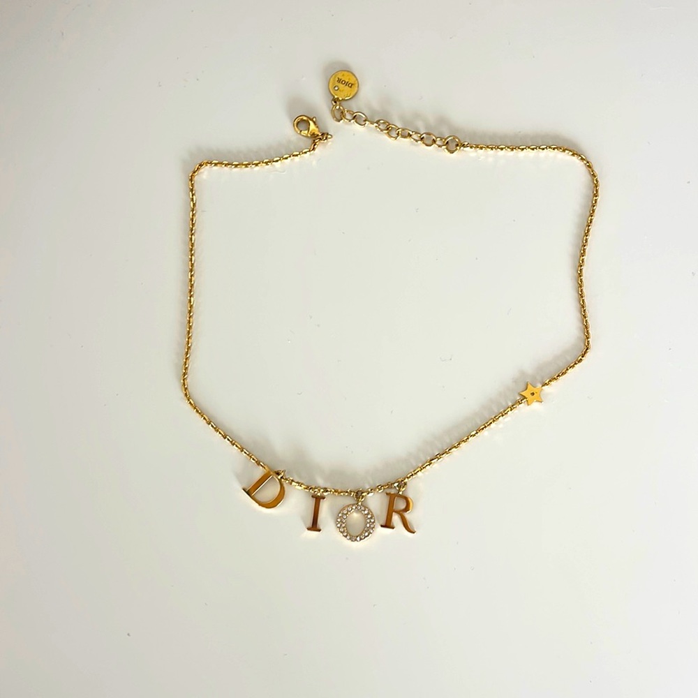 Dior Necklace with Gold - Finish Metal and White Crystals. Elegant and Timeless